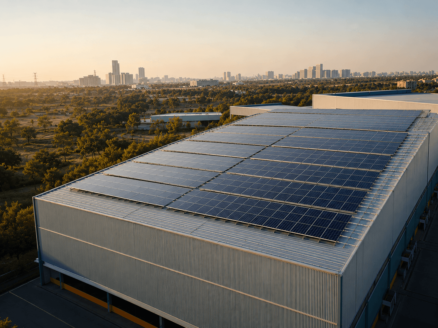 Commercial warehouse roof with a solar panel array