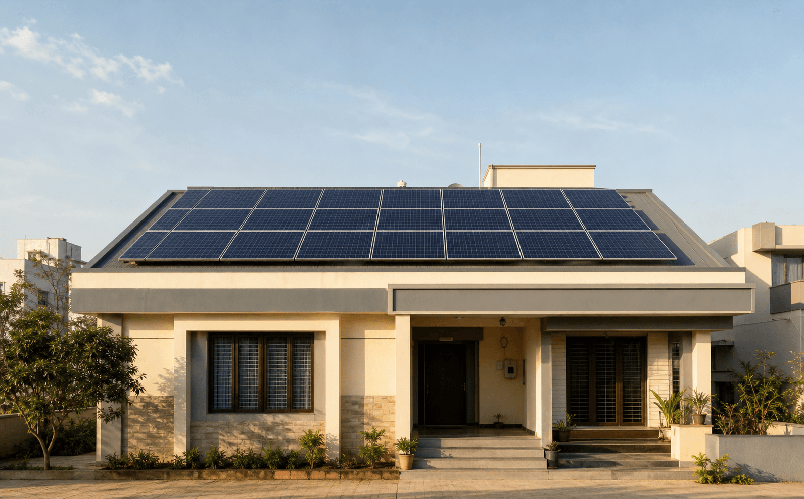 A residential home with rooftop solar panels in daylight